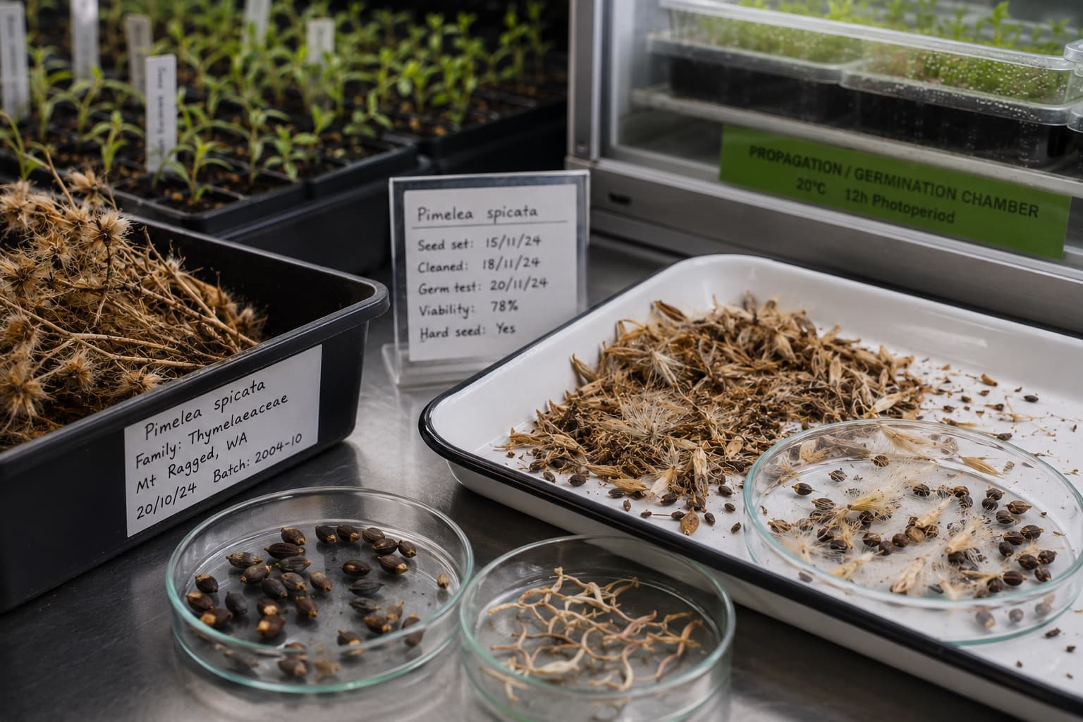 Hands sorting cleaned native seed over labelled trays and dishes at a propagation bench, germination chamber behind