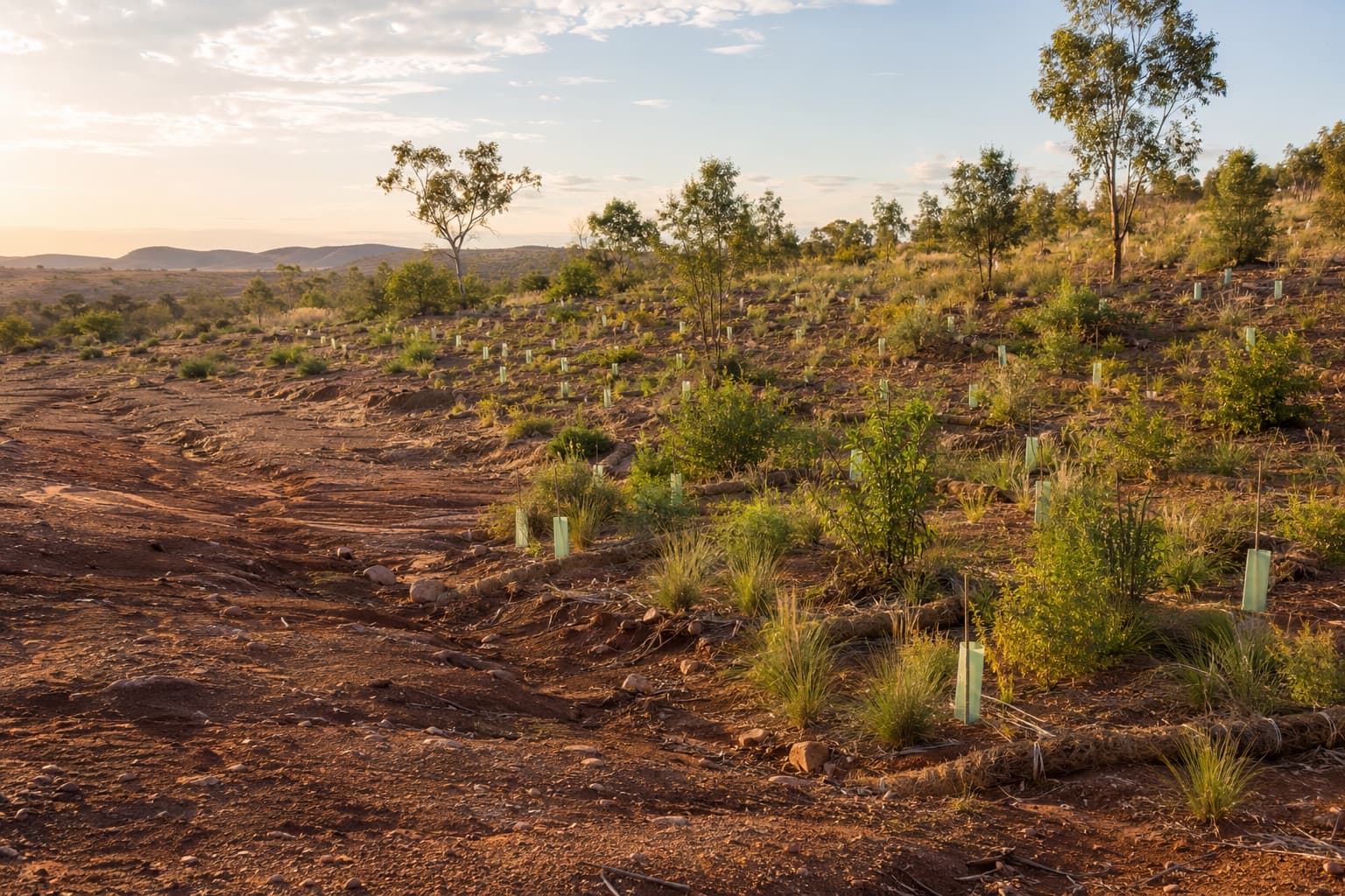Young native tubestock in tree guards establishing across a red-earth restoration site at golden hour