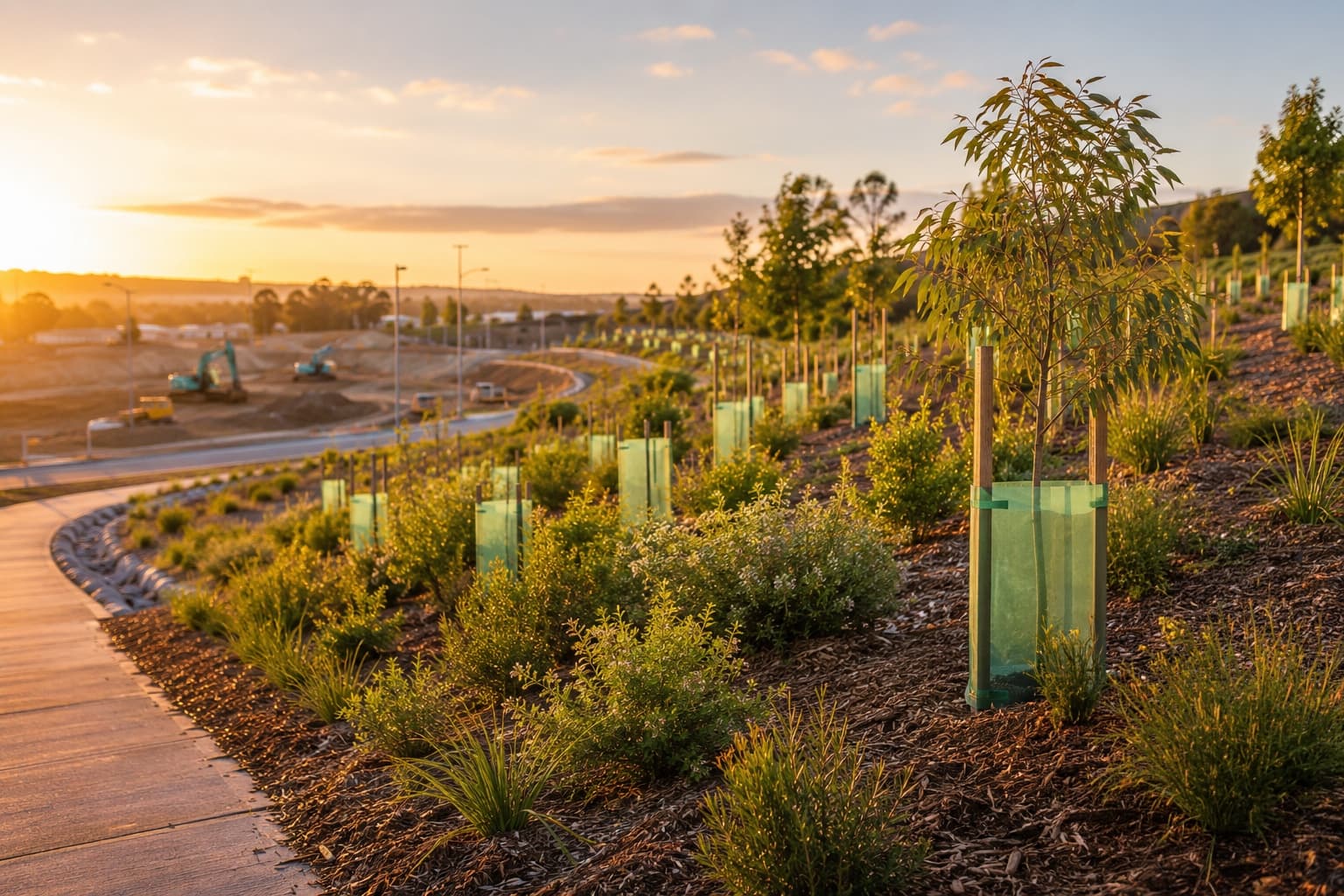 Rows of established native tubestock in tree-guards greening the revegetated edge of a development site at golden hour