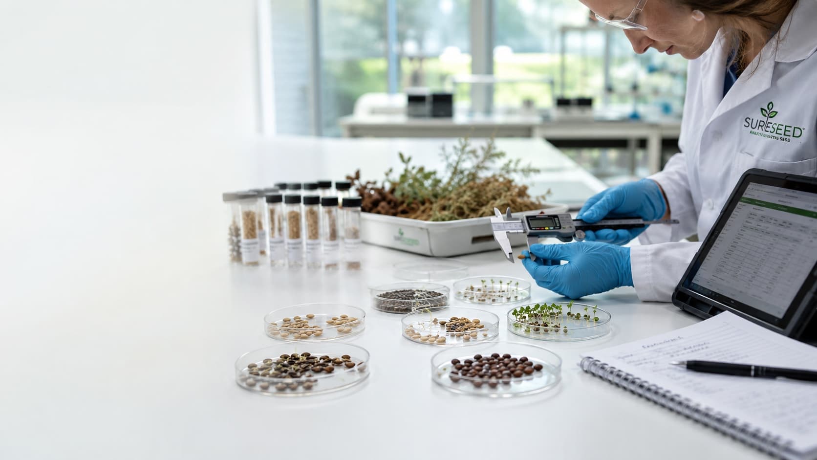 A Sure Seed scientist measuring native seed with digital callipers during seed-science testing